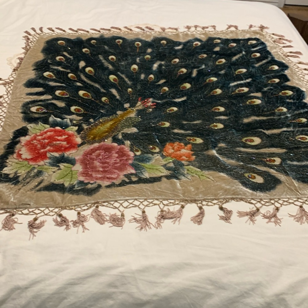 Precious Beaded Peacock Floral Squared Shawl/Wrap. Home Decor With Tassels